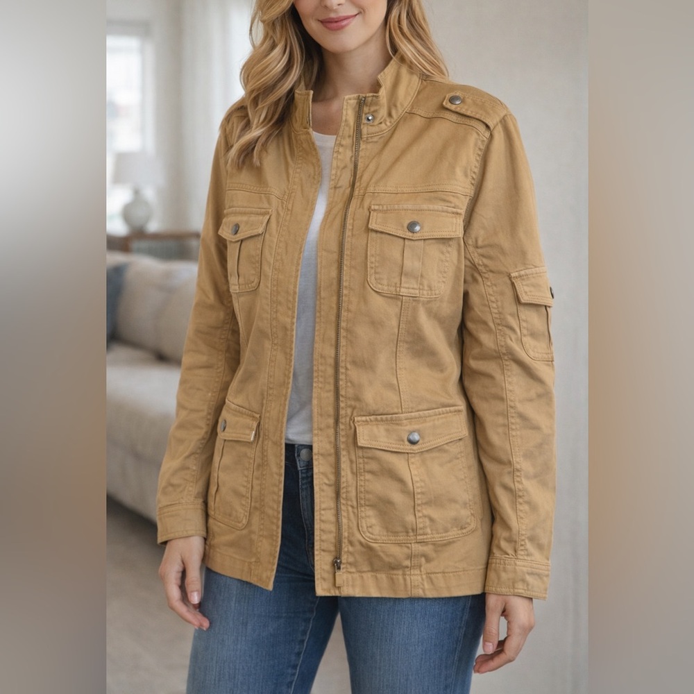 Kensie Jeans Utility Jacket Tan Military Style Cargo Pockets Size 1X